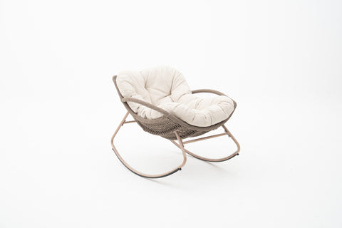 Outdoor Wicker Rocking Chair in Wood-Look Frame & Ivory Cushion