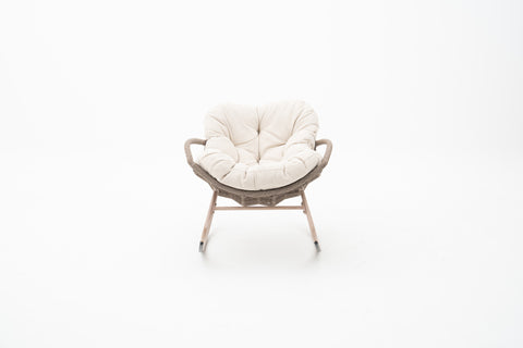 Outdoor Wicker Rocking Chair in Wood-Look Frame & Ivory Cushion