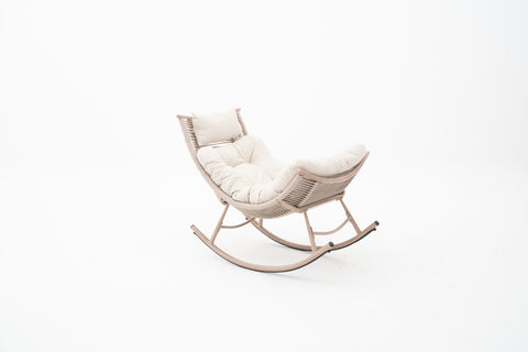 Rope Weave Outdoor Rocking Chair with Wood-look Frame & Ivory Cushion