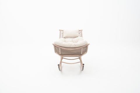 Rope Weave Outdoor Rocking Chair with Wood-look Frame & Ivory Cushion