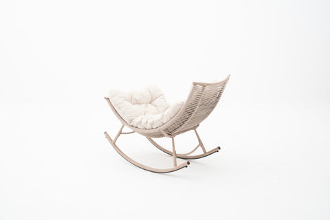 Rope Weave Outdoor Rocking Chair with Wood-look Frame & Ivory Cushion