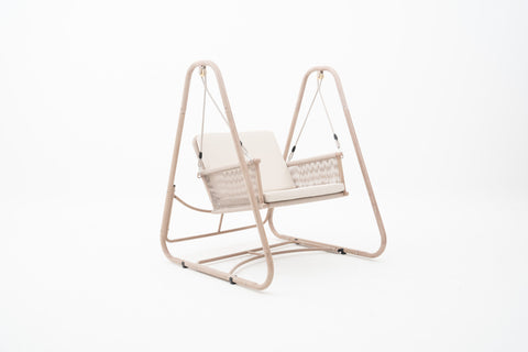 Rope Weave Outdoor Single Swing with Wood-look Frame & Ivory Cushion
