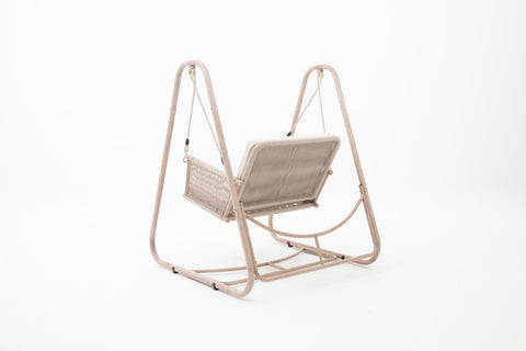 Rope Weave Outdoor Single Swing with Wood-look Frame & Ivory Cushion