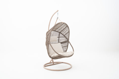 Wicker Weave Outdoor Hanging Chair with Wood-look Frame & Ivory Cushion