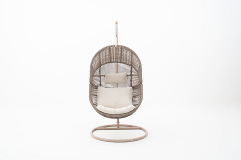 Wicker Weave Outdoor Hanging Chair with Wood-look Frame & Ivory Cushion