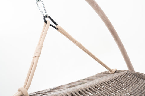Wicker Weave Outdoor Hanging Chair with Wood-look Frame & Ivory Cushion