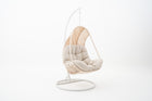 Wicker Weave Outdoor Hanging Chair with white frame & ivory cushions