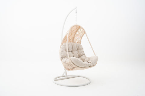 Wicker Weave Outdoor Hanging Chair with white frame & ivory cushions