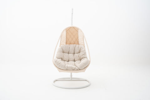 Wicker Weave Outdoor Hanging Chair with white frame & ivory cushions