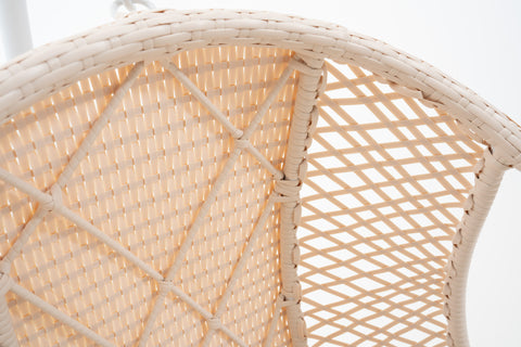 Wicker Weave Outdoor Hanging Chair with white frame & ivory cushions