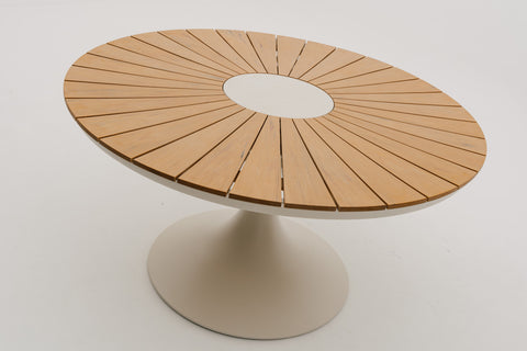 FIJORA Round Outdoor Dining Table in ivory colour with Synthetic Wood & Sintered Stone Top