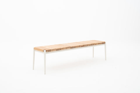 Outdoor Bench in white frame & teak wood slat top