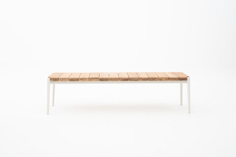 Outdoor Bench in white frame & teak wood slat top