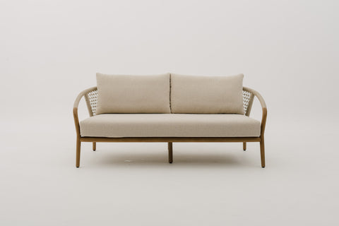 RHODEBELLE 2-Seater Rope Weave Outdoor Sofa in Mahogany Wood Frame with Seat & Back Cushions