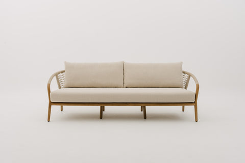 RHODEBELLE 3-Seater Rope Weave Outdoor Sofa in Mahogany Wood Frame with Seat & Back Cushions