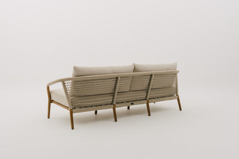RHODEBELLE 3-Seater Rope Weave Outdoor Sofa in Mahogany Wood Frame with Seat & Back Cushions