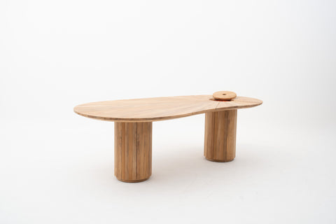 Kidney-Shaped Outdoor Teak Wood Dining Table with Copper Bowl Insert