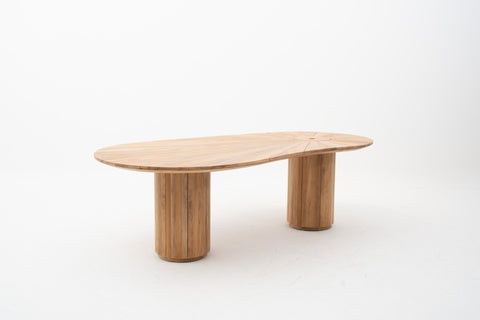 Kidney-Shaped Outdoor Teak Wood Dining Table with Copper Bowl Insert