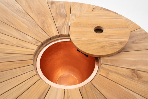 Kidney-Shaped Outdoor Teak Wood Dining Table with Copper Bowl Insert