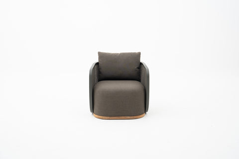 Wicker Weave Outdoor Lounge Chair with textured backrest & mahogany wood base